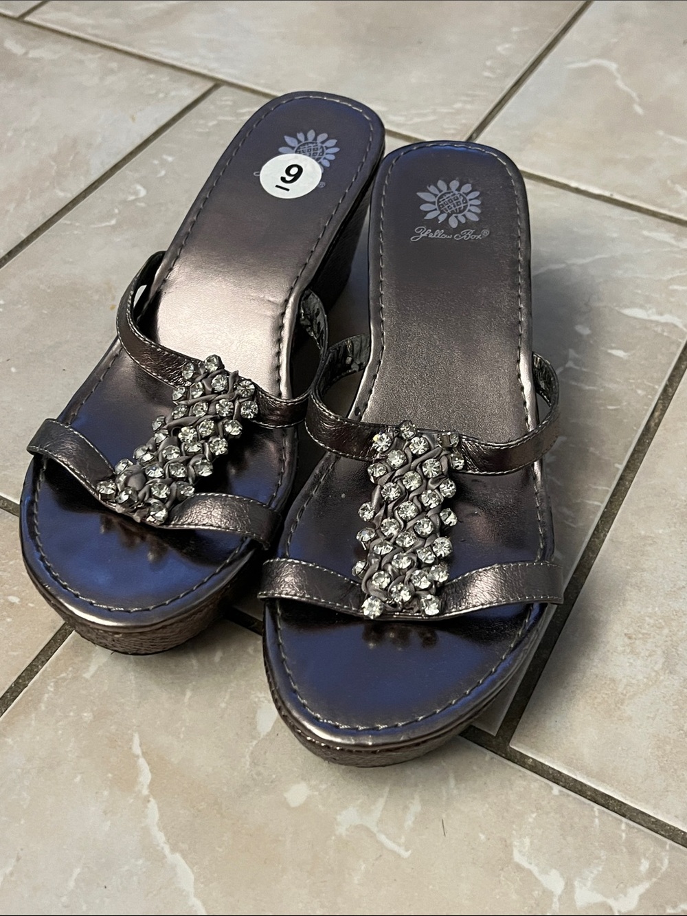 Yellow Box Metallic Black Rhinestone Wedge Sandals